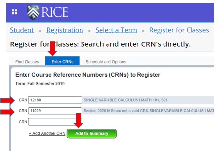 Link to Searching for courses by CRNs